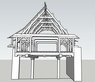Pour la restauration du prieuré du XVe siècle à Miniac-Morvan, la structure de charpente a été modélisée en 3D avant fabrication — chaque assemblage tenon-mortaise est vérifié numériquement, ce qui évite les erreurs de taille sur un bois massif qui ne se rattrape pas.